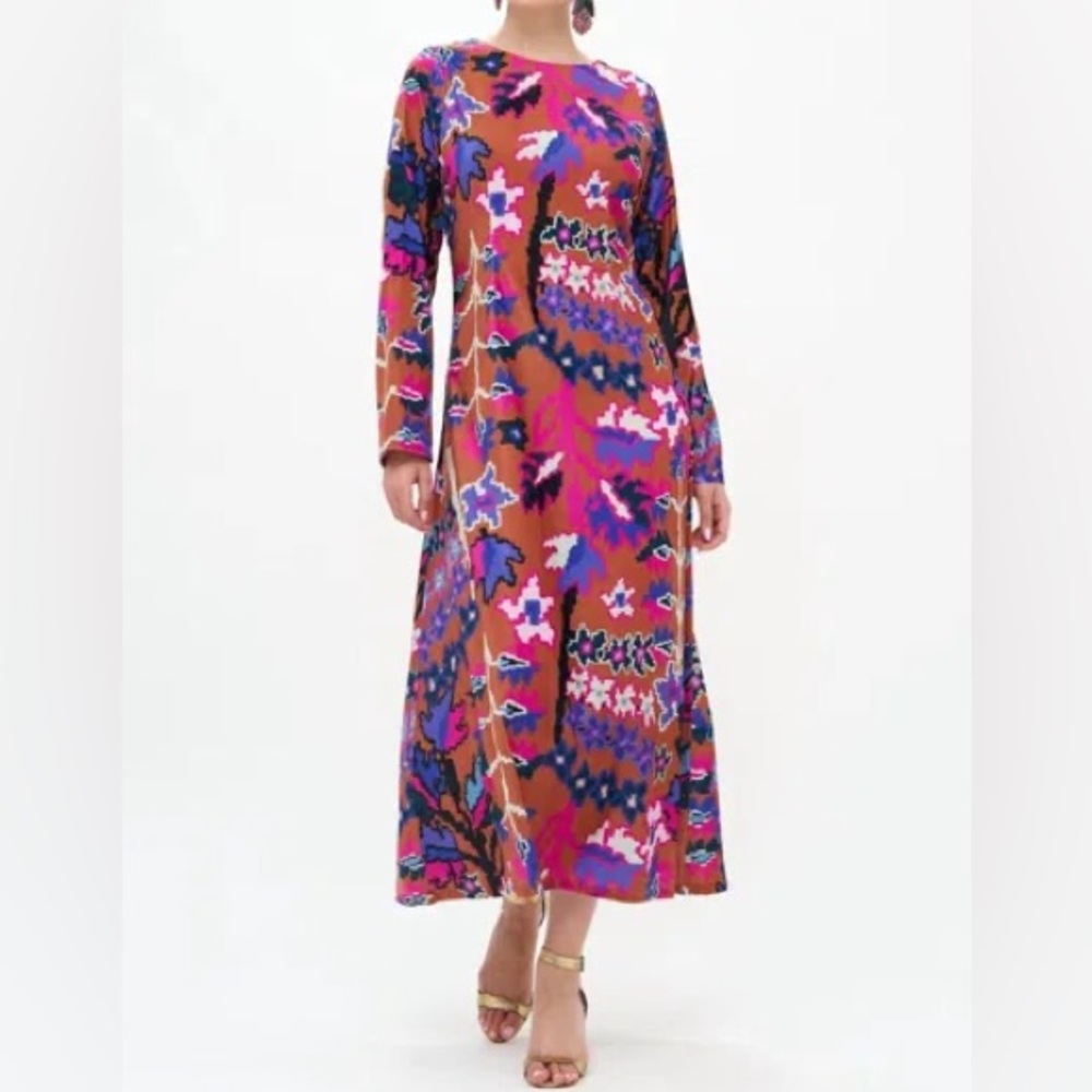 Oliphant Bukhara Long Sleeve Maxi Dress Camel Multi Print Women's Size Large
